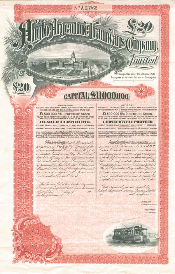 Anglo-Argentine Tramways Co., Limited - £20 British Pounds Unissued Bond (Uncanceled)